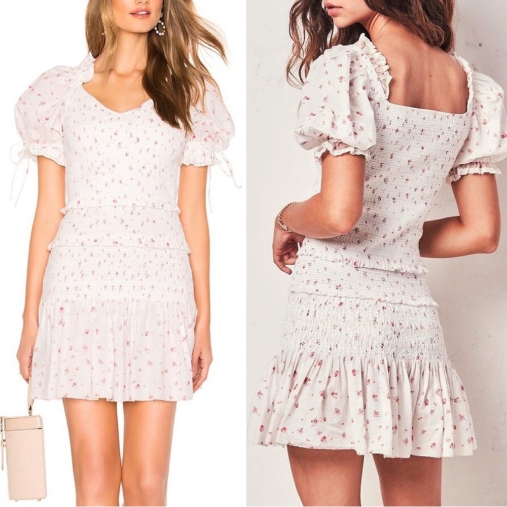 Love Shack Fancy Tina Puff Sleeve Mini Dress Whisper Floral Print Pink / White